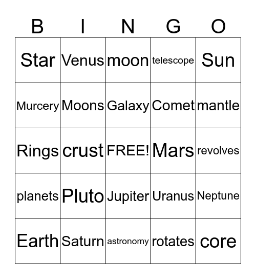 Solar System Bingo Card