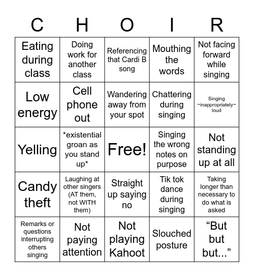 Things not to do during choir Bingo Card