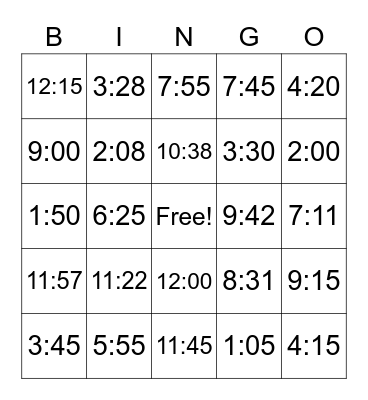 Telling Time Bingo Card