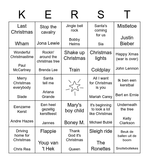 Kerstmuziek bingo Card