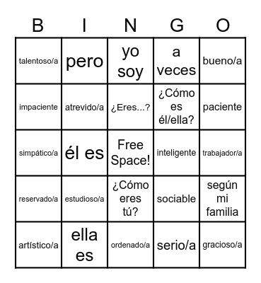 Spanish adjectives Bingo Card