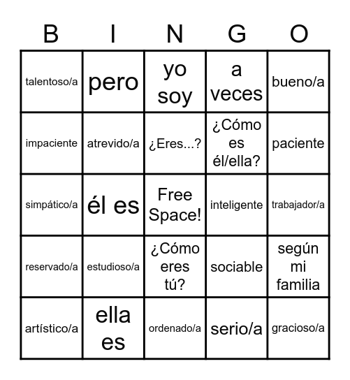 Spanish adjectives Bingo Card