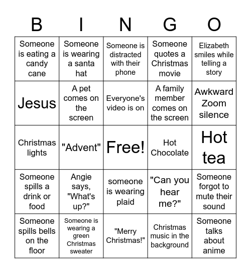 HR Youth Group Christmas Party Bingo Card