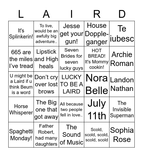 LIFE OF LAIRDS - BINGO! Bingo Card