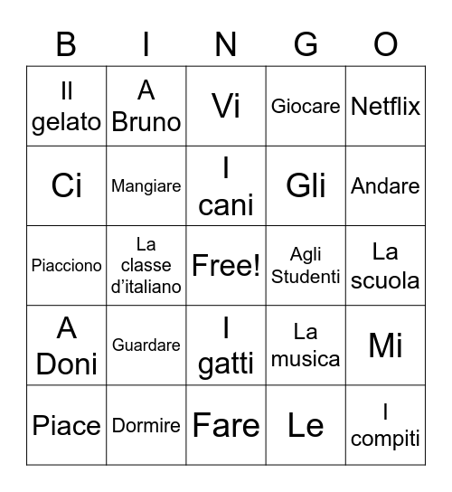 Piacere Bingo Card