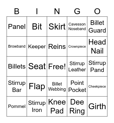 Parts of Saddle and Bridle Bingo Card