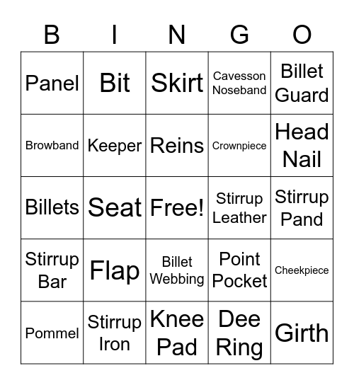 Parts of Saddle and Bridle Bingo Card