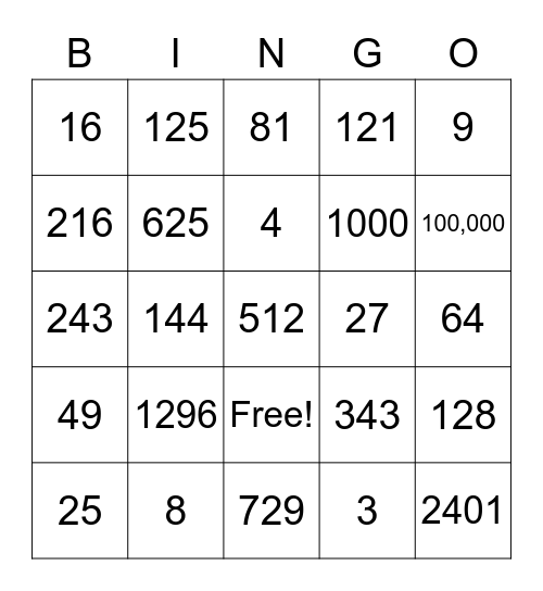 exponents bingo Card