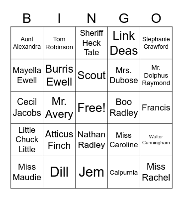 To Kill a Mockingbird Characters Bingo Card