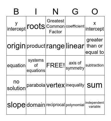 Math Vocabulary Bingo Card
