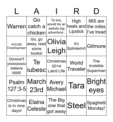 LIFE OF LAIRDS - BINGO! Bingo Card