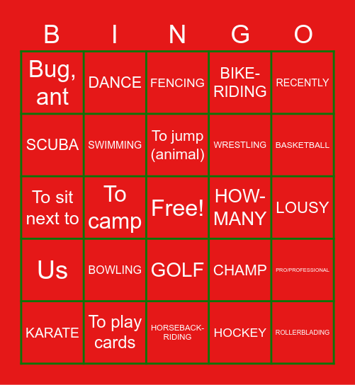 Sports & Activities Bingo Card