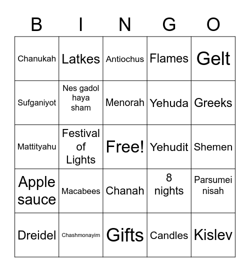 Chanukah bingo Card