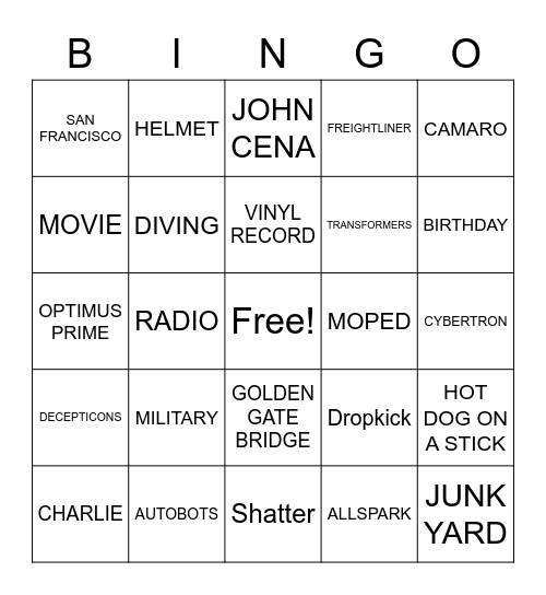 Transformers Bingo Card