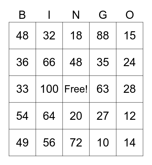 Multiplication Facts Bingo Card