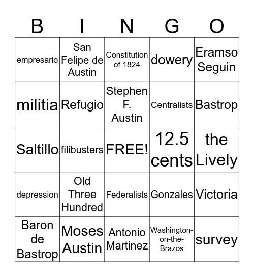 Texas History Bingo Card