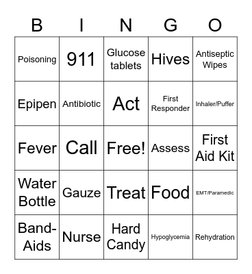 Girl Scout Juniors First Aid Bingo Card