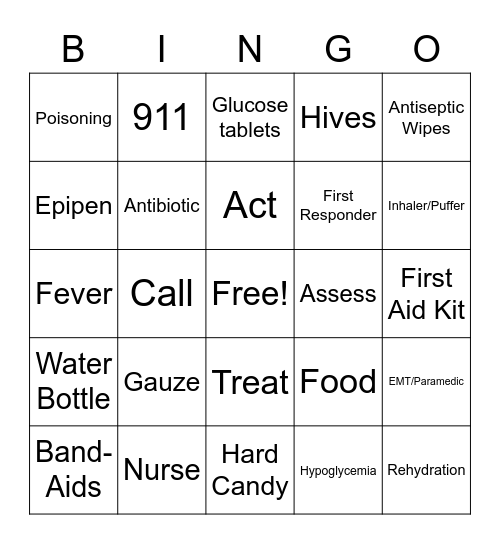 Girl Scout Juniors First Aid Bingo Card