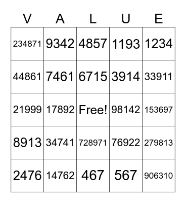 Place Value Bingo! Bingo Card