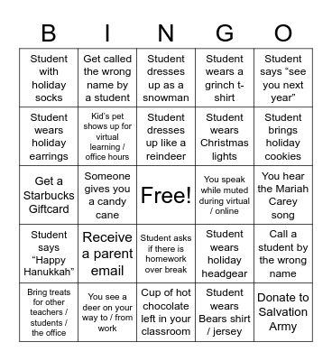 'Twas the Week Before Break Bingo Card