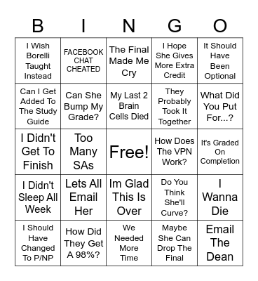 153C Final Exam Chat Bingo Card