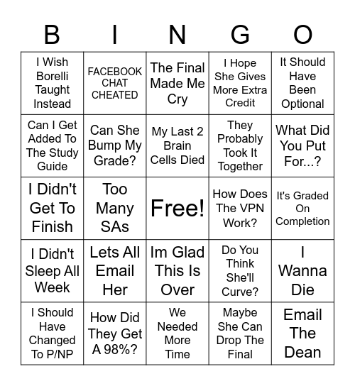 153C Final Exam Chat Bingo Card