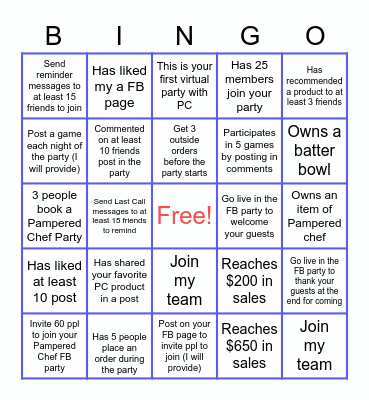 Pampered Chef Bingo Card