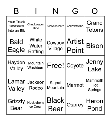 Yellowstone & Grand Teton Bingo Card