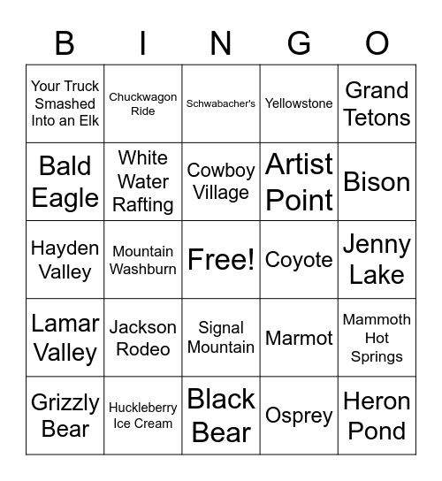 Yellowstone & Grand Teton Bingo Card