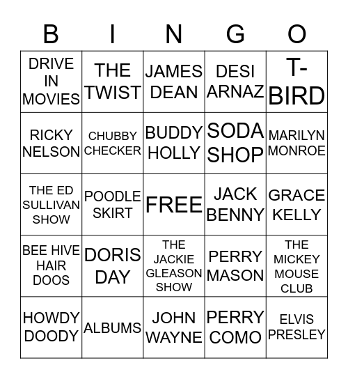 50's Bingo Game Bingo Card