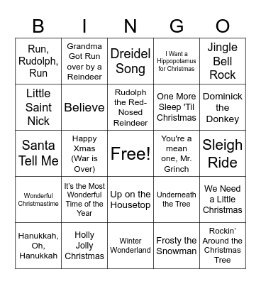 Holiday Songs Bingo Card