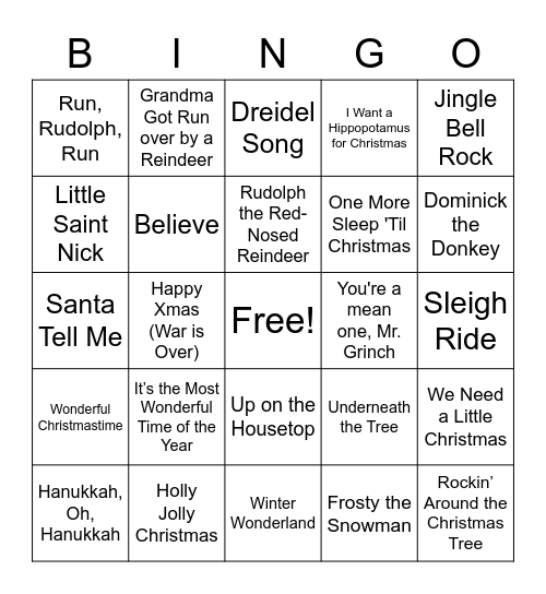 Holiday Songs Bingo Card