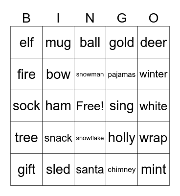 Winter Holiday Phonics Bingo Card