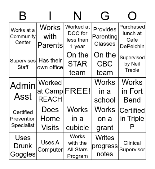 Prevention People BINGO Card