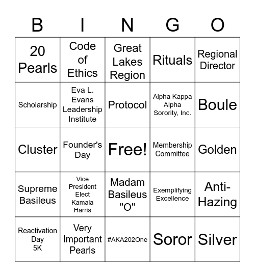 Gamma Phi Omega Bingo Card
