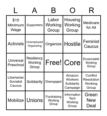 DSA Labor Working Group Mixer Bingo Card