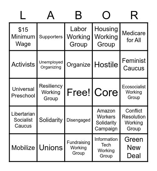 DSA Labor Working Group Mixer Bingo Card