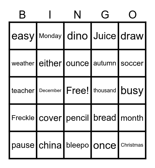 Spelling Bingo! Bingo Card