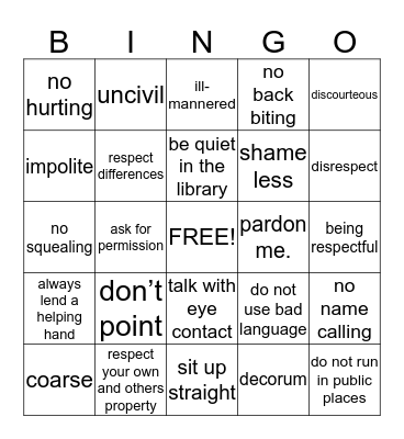Manners Bingo Card