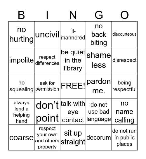 Manners Bingo Card