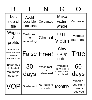 Restitution Bingo Card