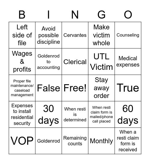 Restitution Bingo Card