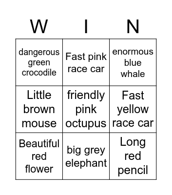 Adjectives Bingo Card