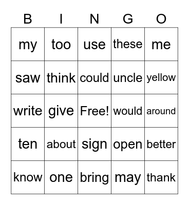 Sight Word Bingo Card