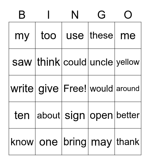 Sight Word Bingo Card