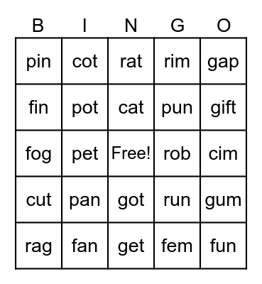cvc words Oliver W Bingo Card