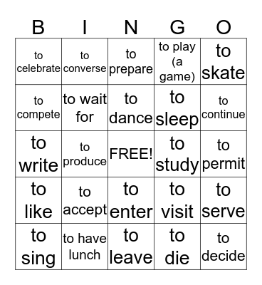 Spanish I Verbs Bingo Card