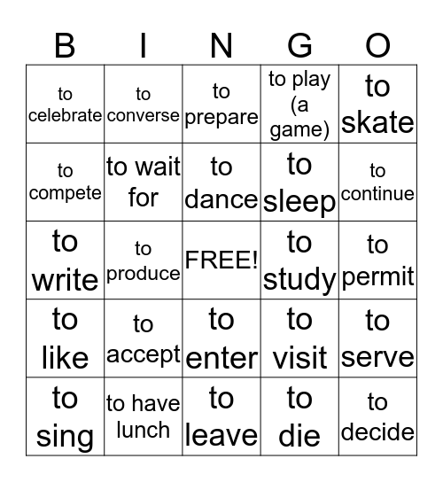 Spanish I Verbs Bingo Card