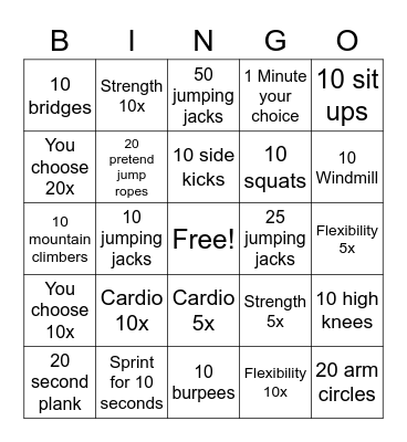 Components of fitness Bingo Card