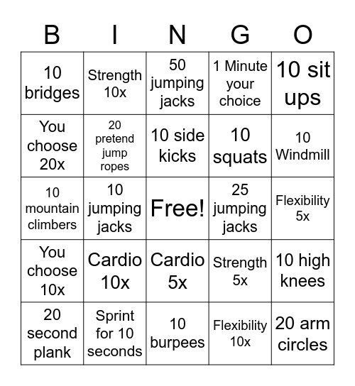 Components of fitness Bingo Card